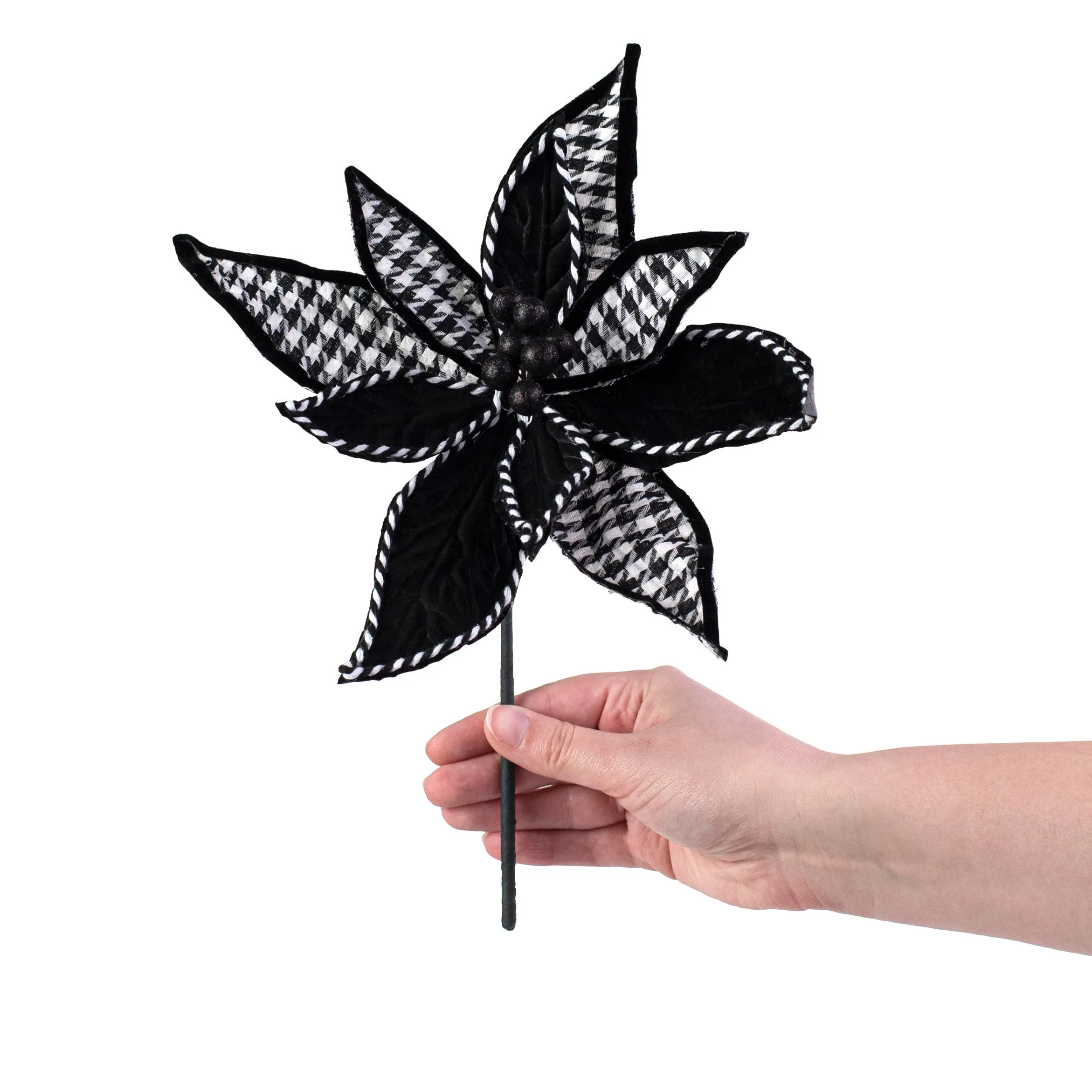 10" Houndstooth Poinsettia Pick