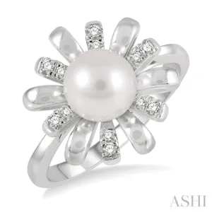1/10 Ctw Floral 7MM Round Cultured Pearl & Round Cut Diamond Ring in 10K White Gold