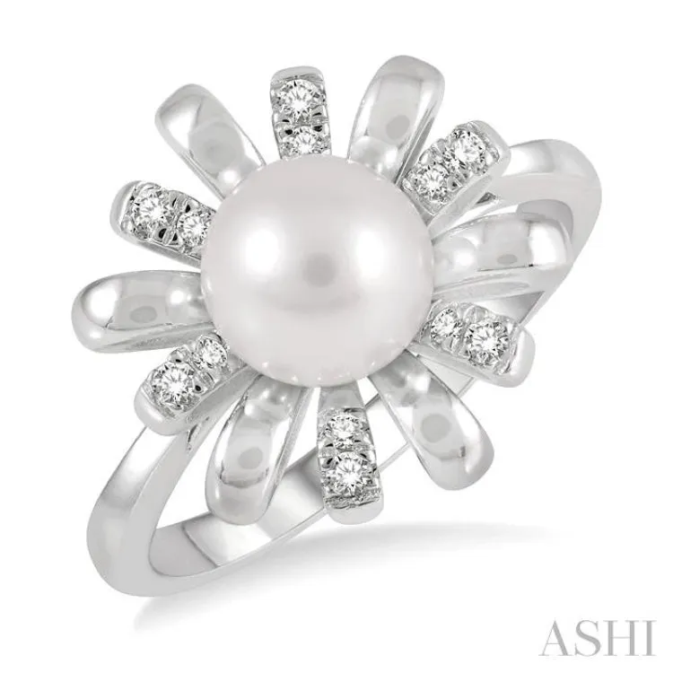 1/10 Ctw Floral 7MM Round Cultured Pearl & Round Cut Diamond Ring in 10K White Gold