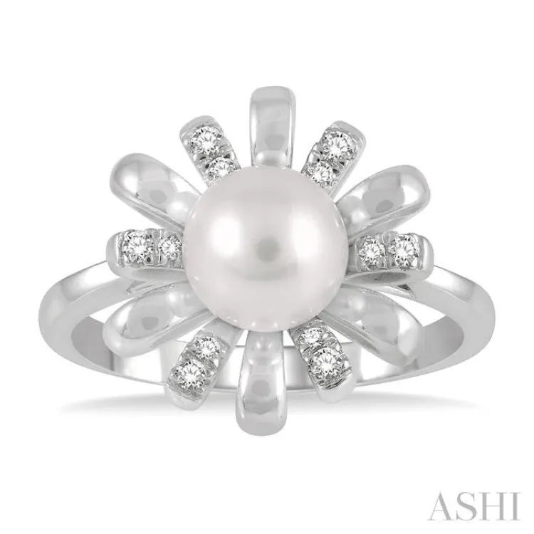 1/10 Ctw Floral 7MM Round Cultured Pearl & Round Cut Diamond Ring in 10K White Gold