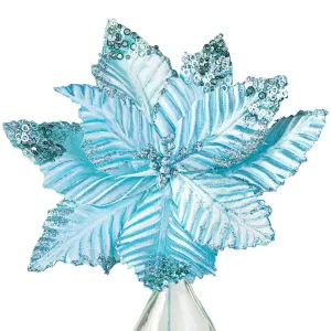 11" Velvet Glitter Poinsettia Stem: Light Blue