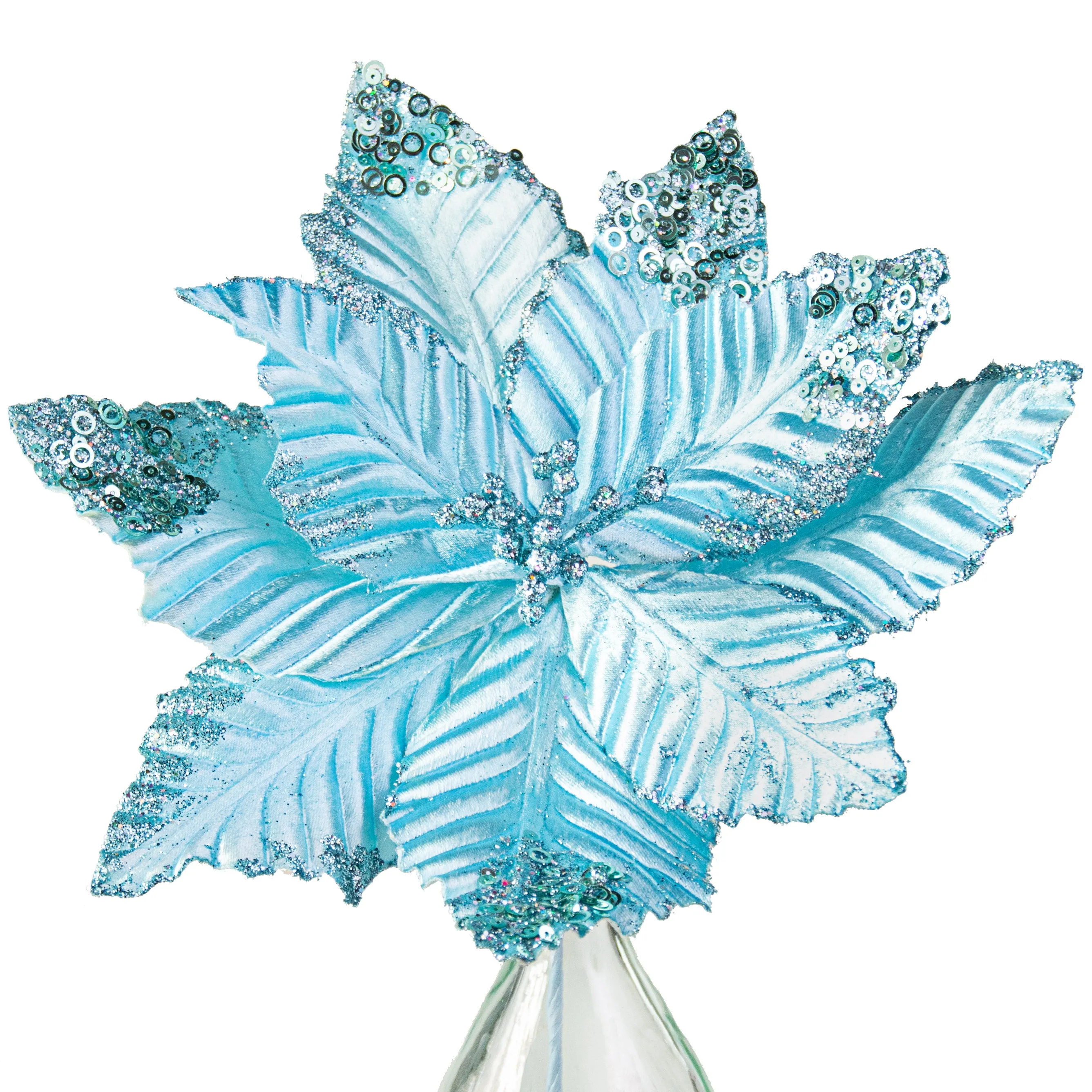 11" Velvet Glitter Poinsettia Stem: Light Blue