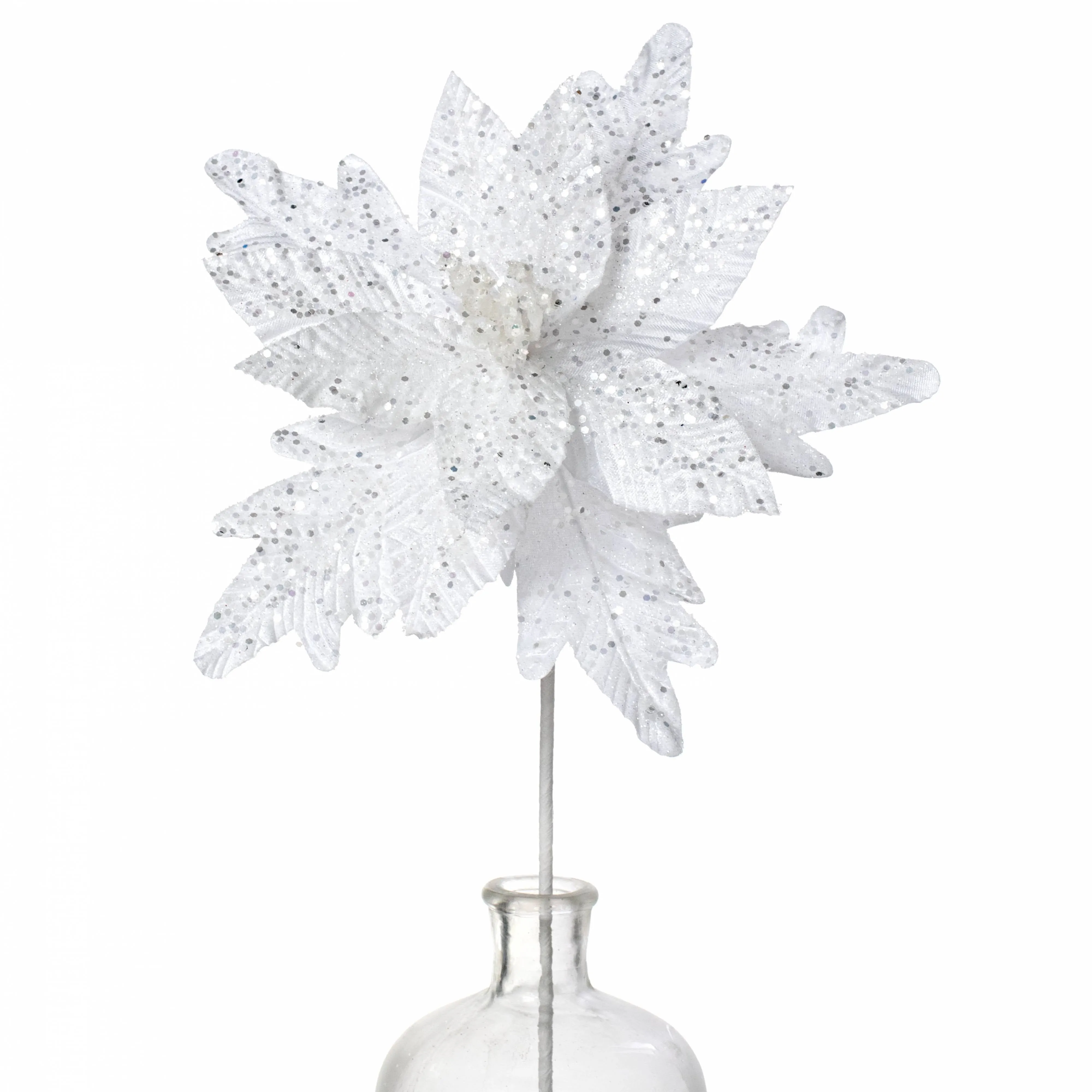 12" x 25" Glittered Poinsettia Stem: White