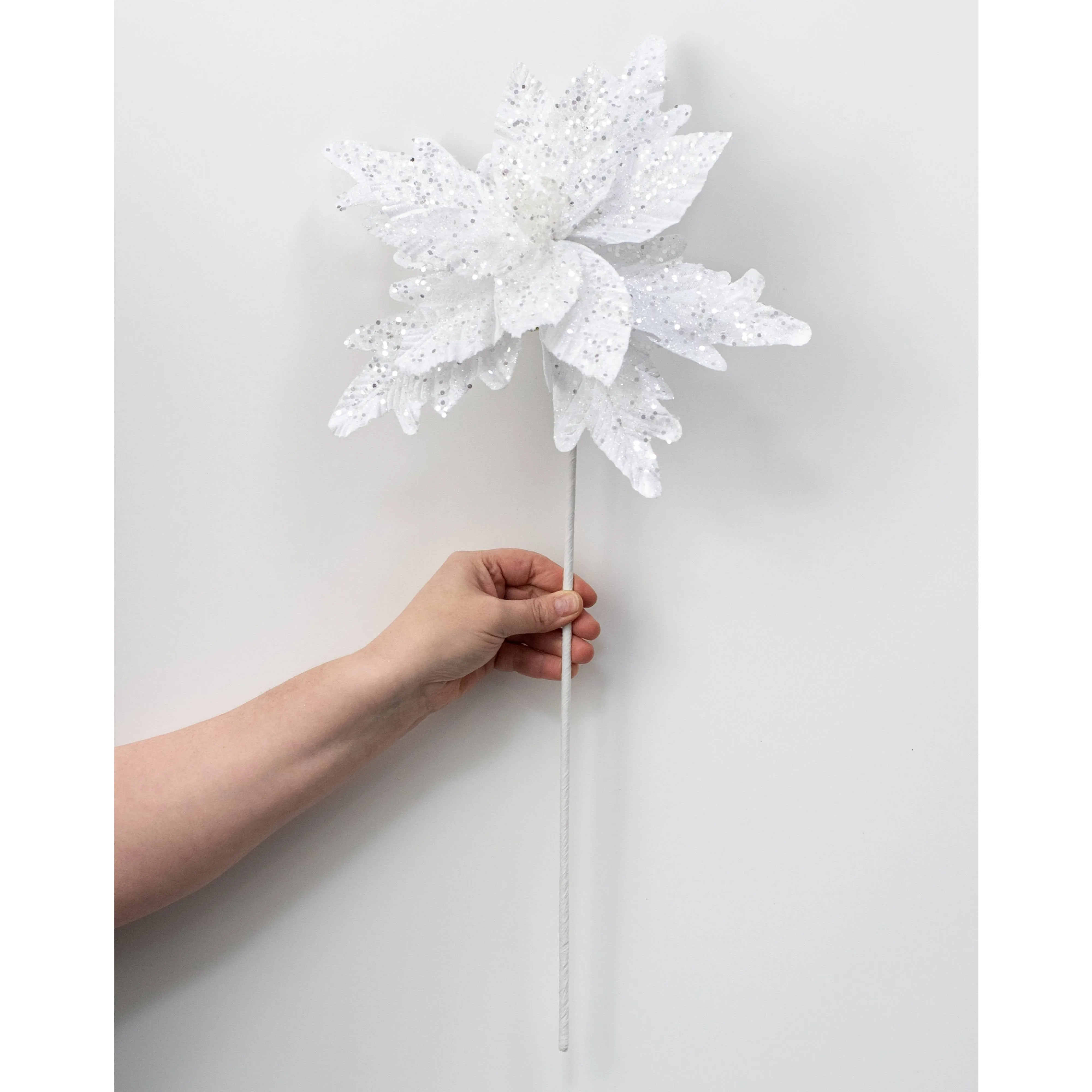 12" x 25" Glittered Poinsettia Stem: White