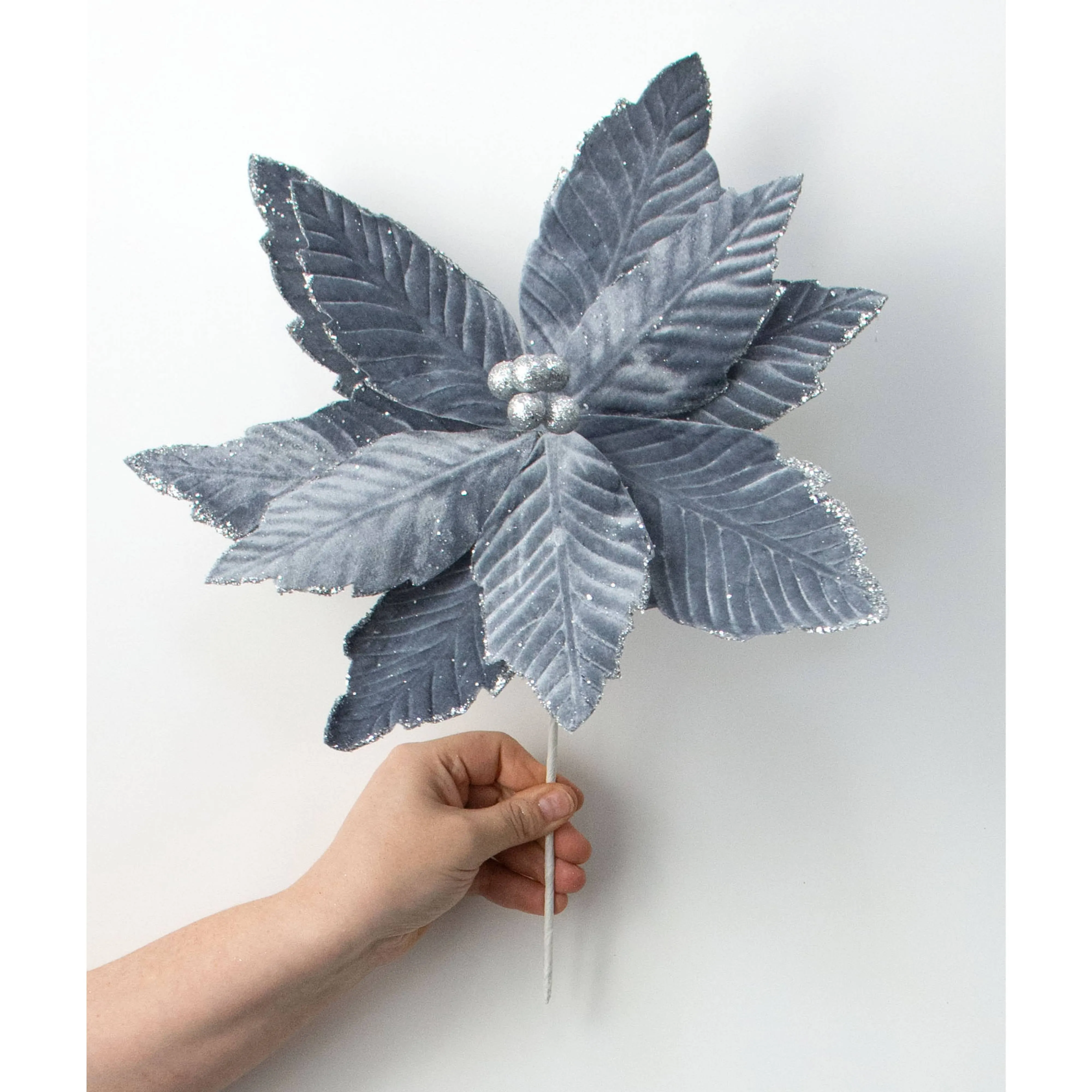 14" x 16" Velvet Poinsettia Stem: Dark Grey