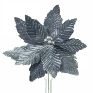 14" x 16" Velvet Poinsettia Stem: Dark Grey