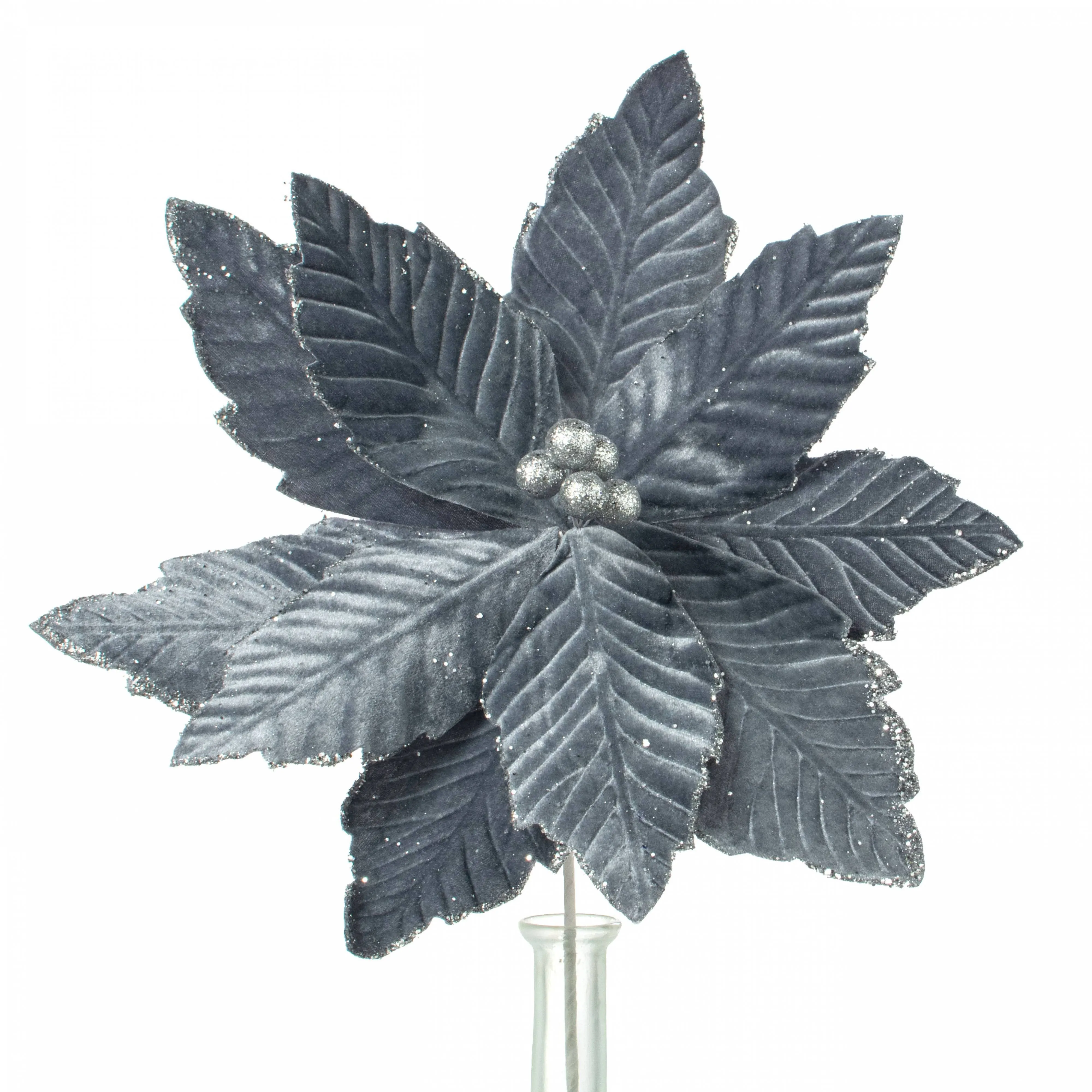 14" x 16" Velvet Poinsettia Stem: Dark Grey