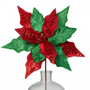 14" x 26" Velvet Sequin Poinsettia Stem: Red & Emerald Green