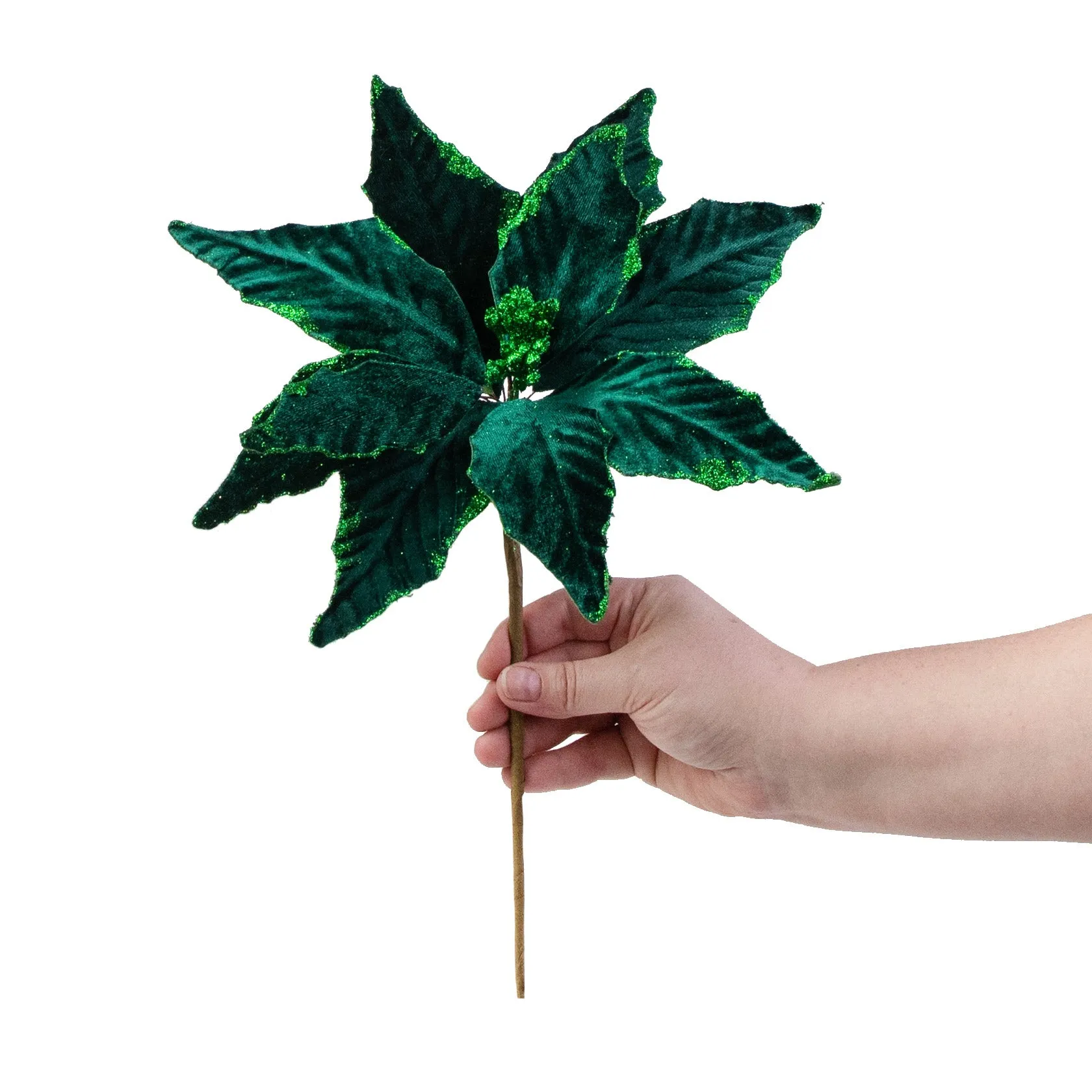 15" Pointy Velvet Poinsettia Pick: Dark Green