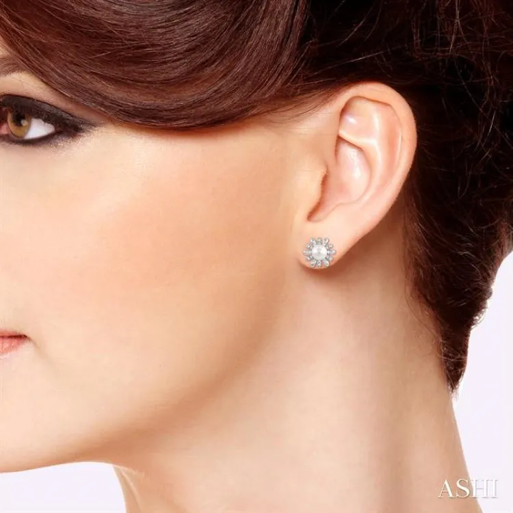 1/6 Ctw Floral 6MM Round Cultured Pearls & Round Cut Diamond Earring in 10K White Gold