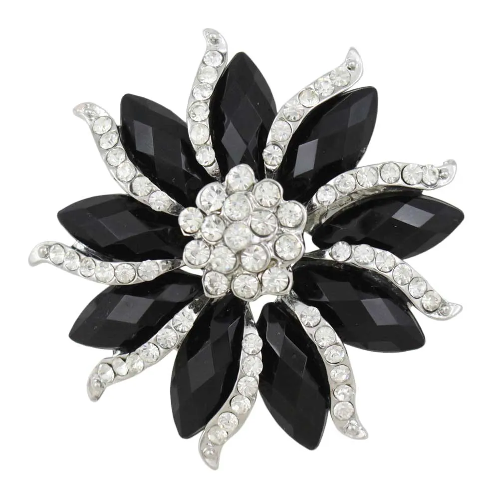 Black Marquise Stones with Clear Crystals Flower Brooch Pin - PRL572