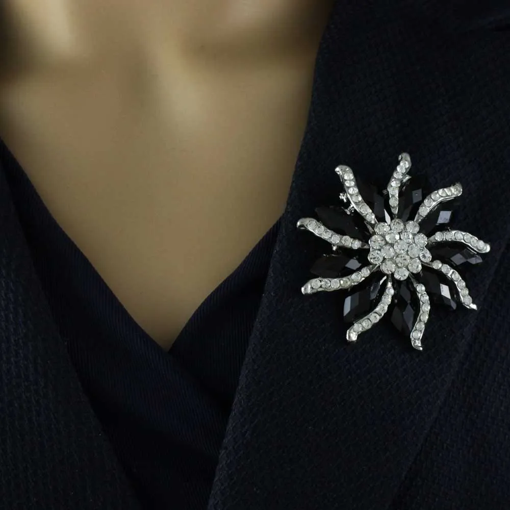 Black Marquise Stones with Clear Crystals Flower Brooch Pin - PRL572