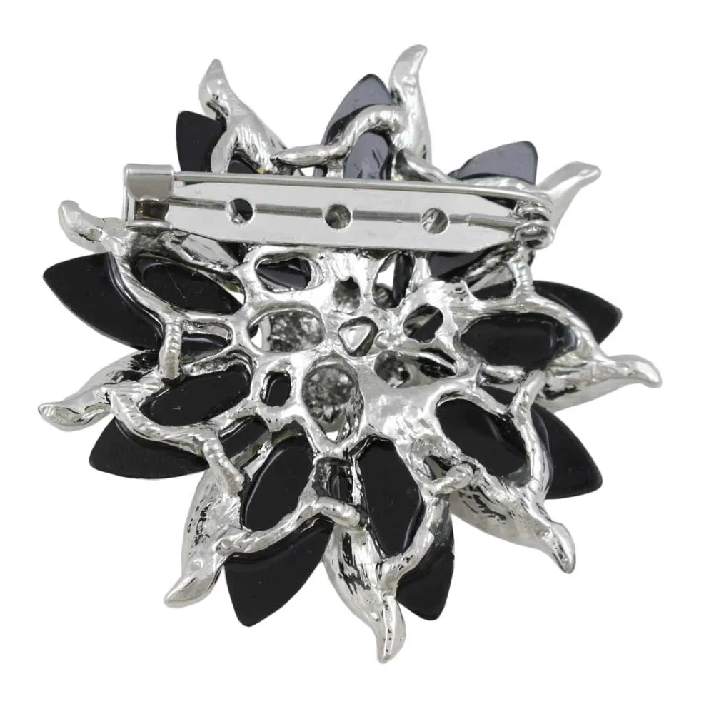 Black Marquise Stones with Clear Crystals Flower Brooch Pin - PRL572