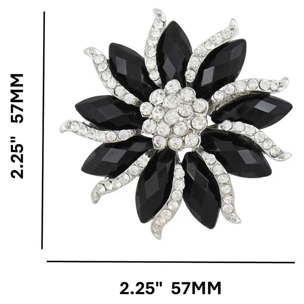 Black Marquise Stones with Clear Crystals Flower Brooch Pin - PRL572