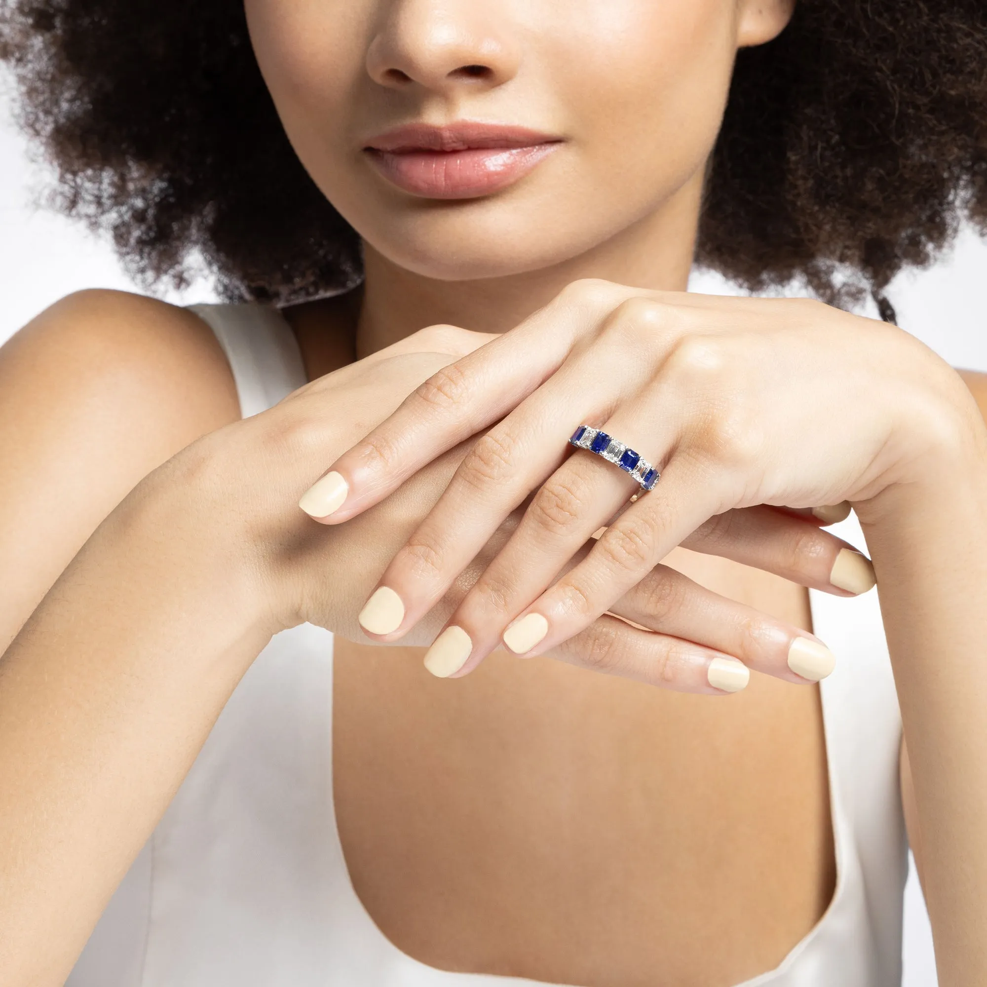 Emerald Cut Sapphire and Diamond Alternating Band