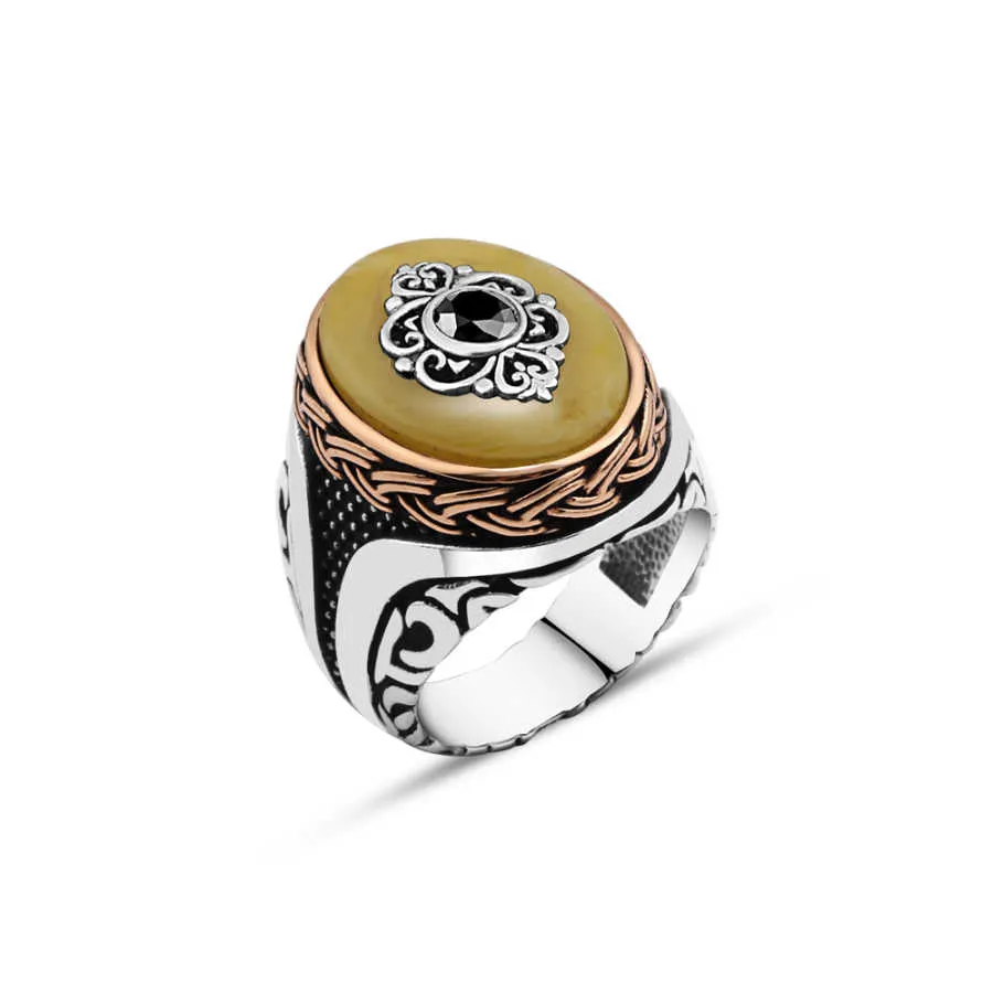 Eye Figure on Ellipse Yellow Synthetic Amber Stone Silver Men's Ring with Braid Style Around