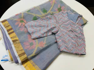 POWDER BLUE MUSLIN JAMDANI SAREE WITH BLOUSE