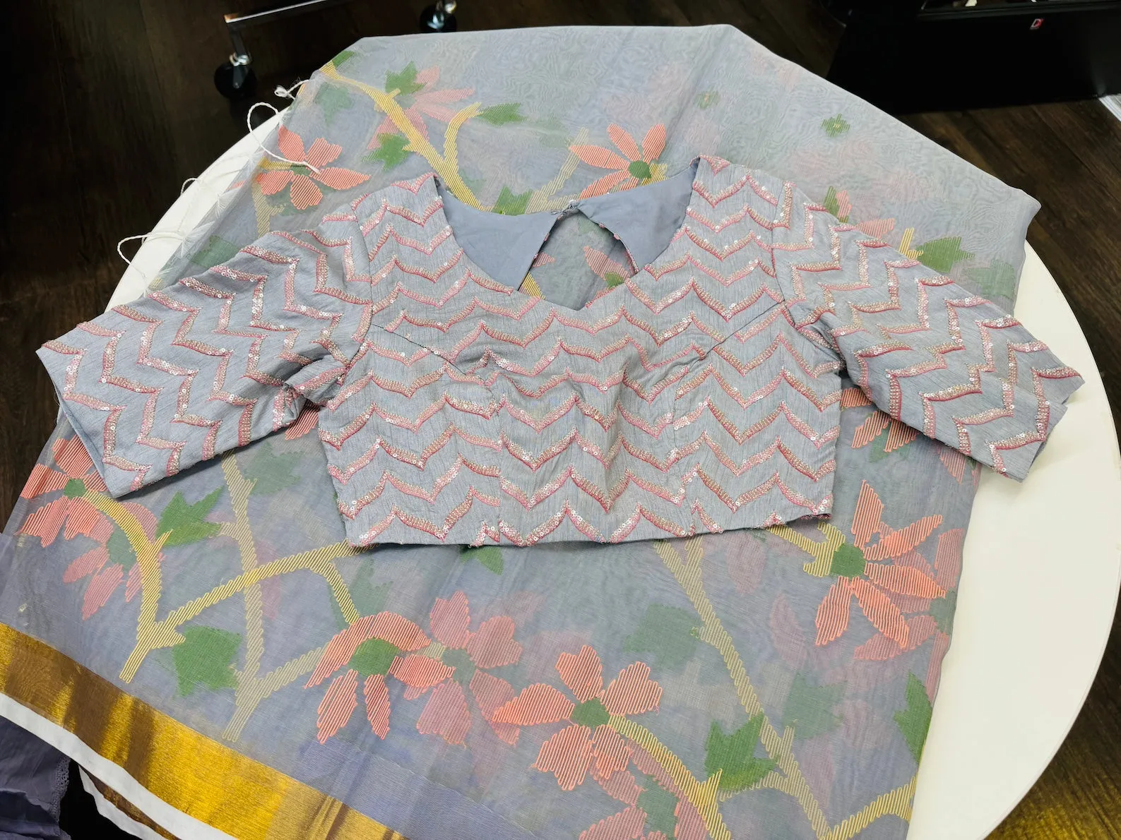 POWDER BLUE MUSLIN JAMDANI SAREE WITH BLOUSE