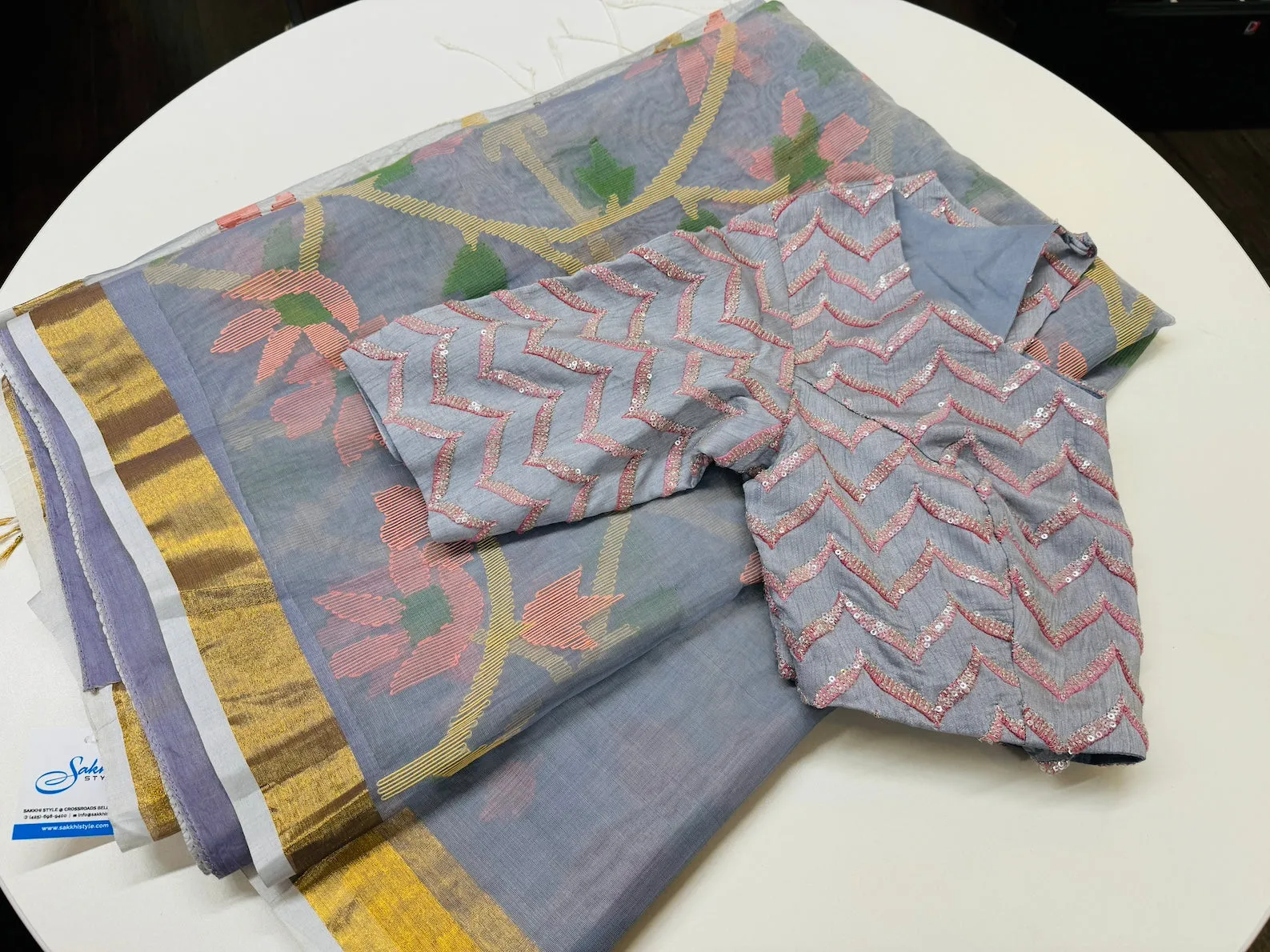 POWDER BLUE MUSLIN JAMDANI SAREE WITH BLOUSE