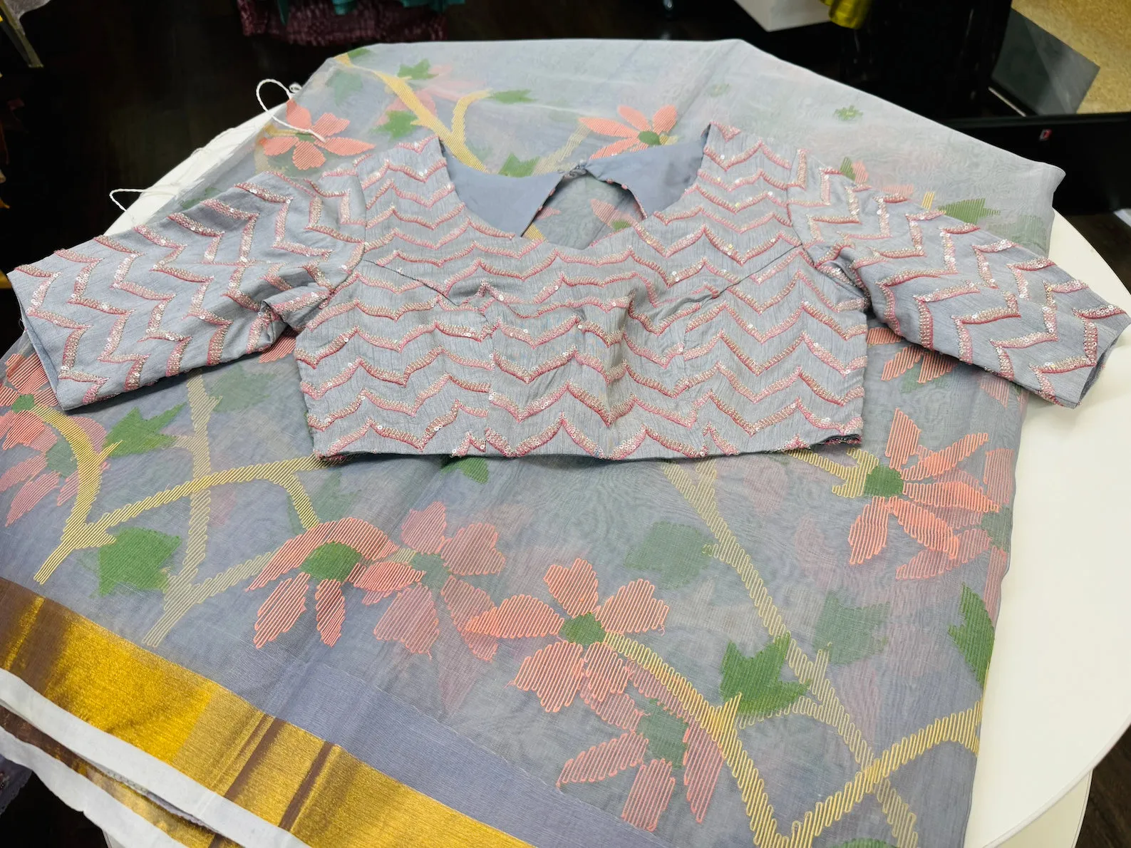 POWDER BLUE MUSLIN JAMDANI SAREE WITH BLOUSE