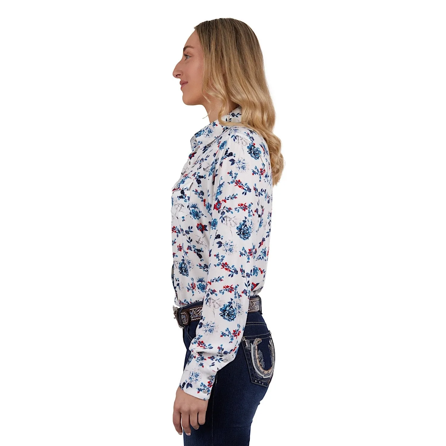 Pure Western Womens Flora Print Western L/S Shirt Egret/Multi