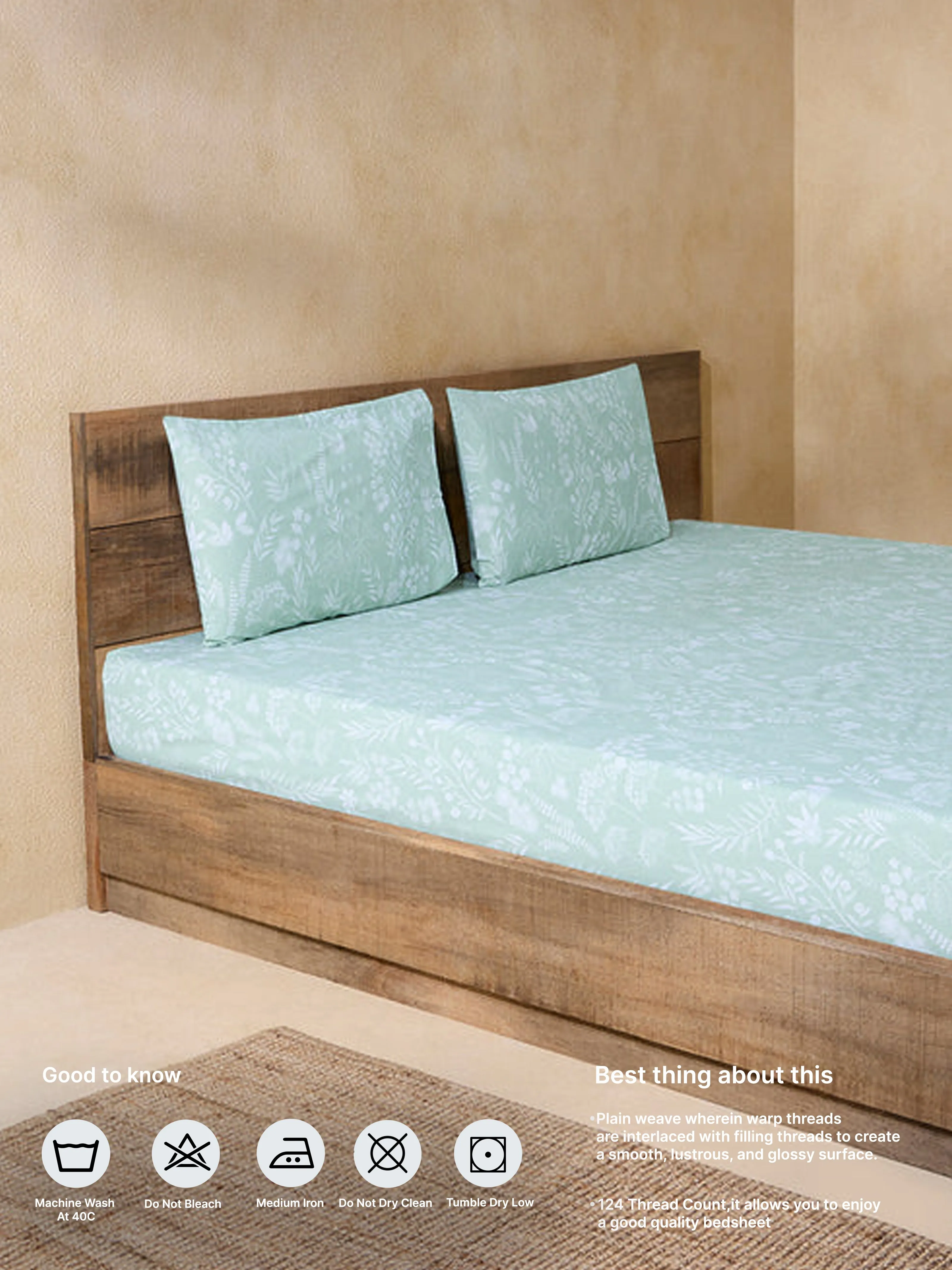 Westside Home Mint Printed King Bed Fitted Sheet and Pillowcase Set