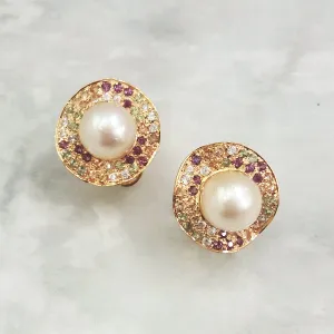 White South Sea Pearl with Pave Rhodolite Garnet, White Zircon, Citrine & Peridot Stud Earrings